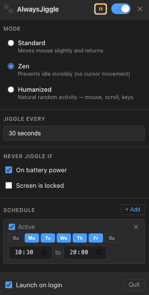 AlwaysJiggle macOS menu bar app showing Standard, Zen, and Humanized mouse jiggler modes with adjustable interval, battery and screen lock conditions, and work schedule configuration